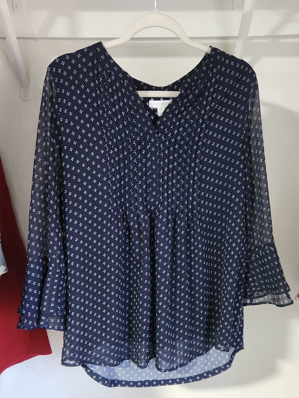 Size XL Navy Long-Sleeve Patterned Blouse